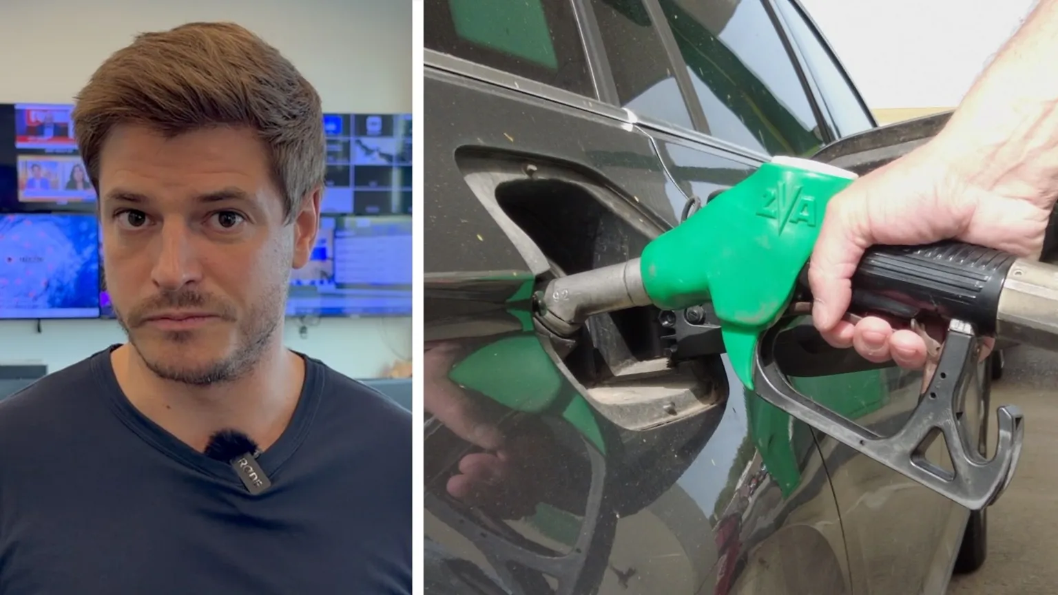 Composite image showing BBC reporter Nick Marsh on the left and hand holding fuel pump on the right
