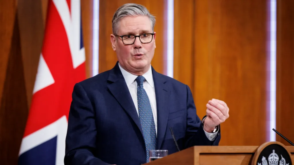 PA Media Prime Minister Sir Keir Starmer speaking during a press conference to give an update on the latest situation in the Middle East, in the Downing Street Briefing Room in London