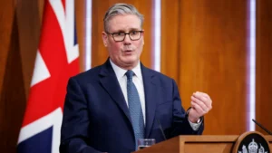 PA Media Prime Minister Sir Keir Starmer speaking during a press conference to give an update on the latest situation in the Middle East, in the Downing Street Briefing Room in London