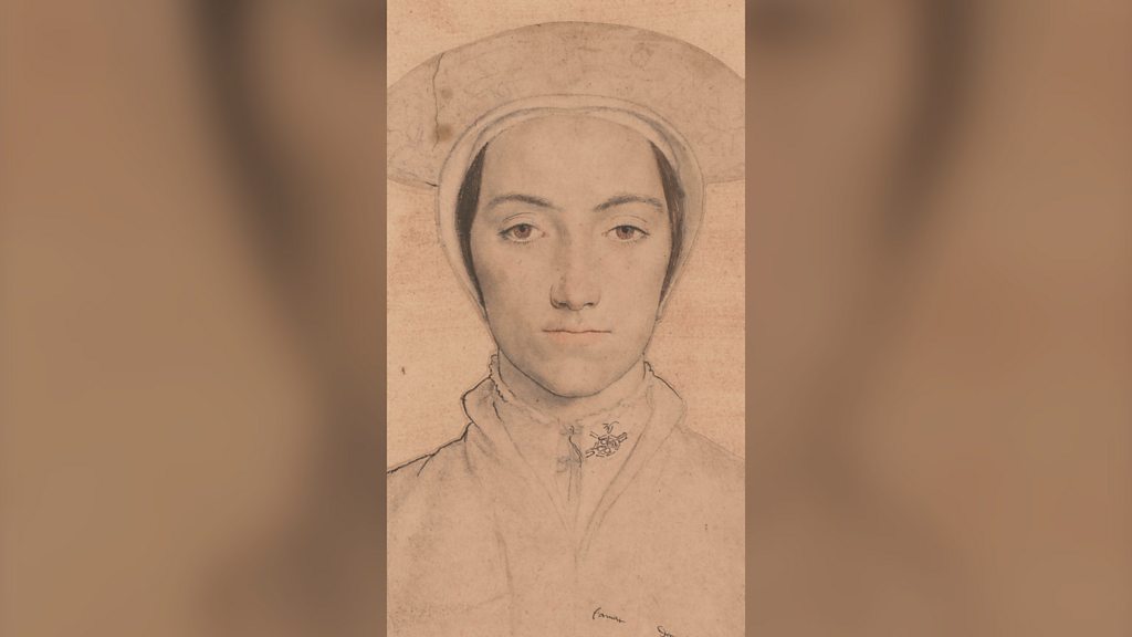 A portrait of young woman, in black ink on a beige coloured canvas. She is wearing a circular shaped hat.