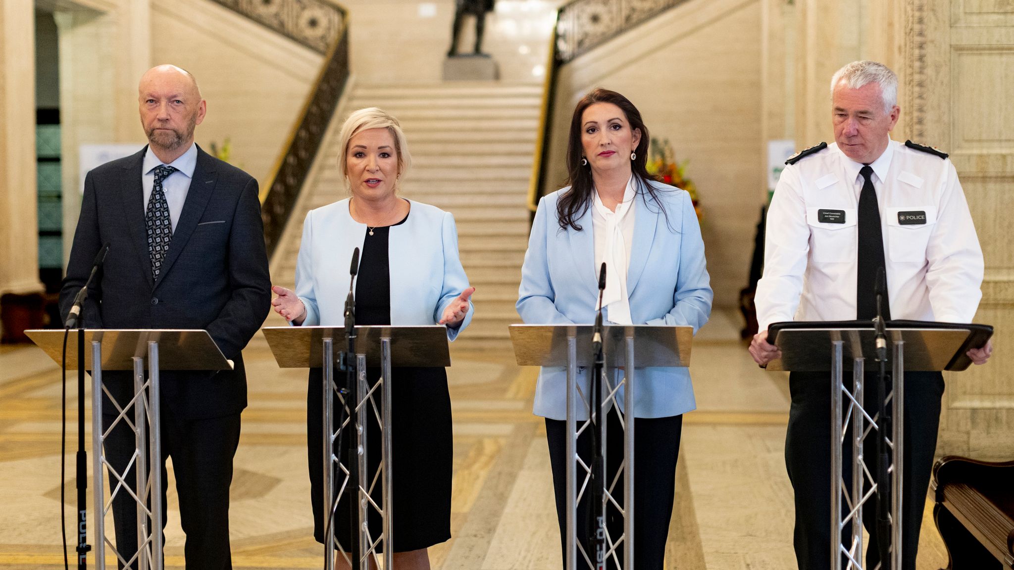 Northern Ireland Policing Board chair Brendan Mullan, FM Michelle O'Neil, deputy FM Emma Little-Pengelly and Chief Constable Jon Boutcher. Pic: PA