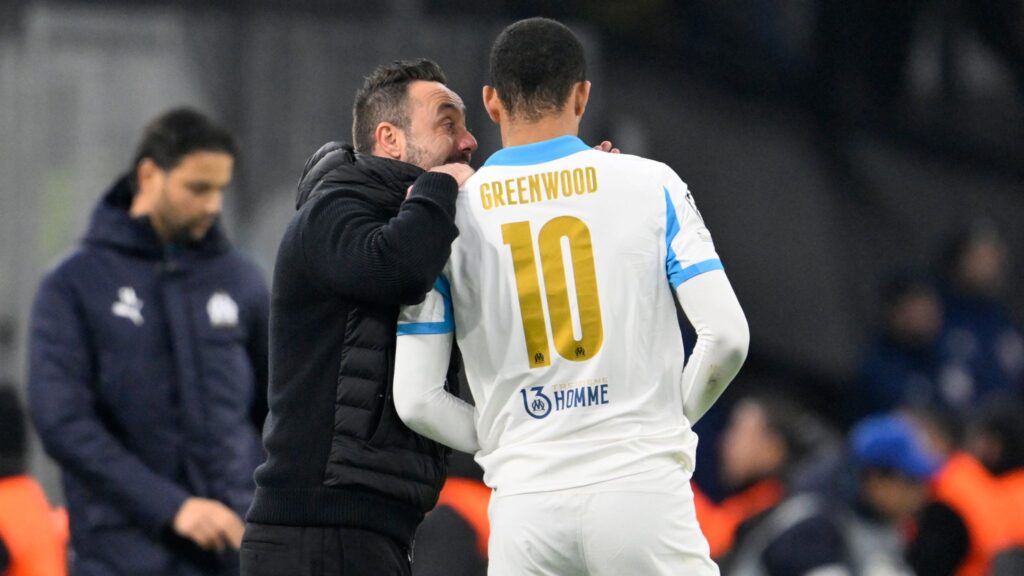 De Zerbi and Greenwood pictured during a match against Newcastle last year. Pic: AP