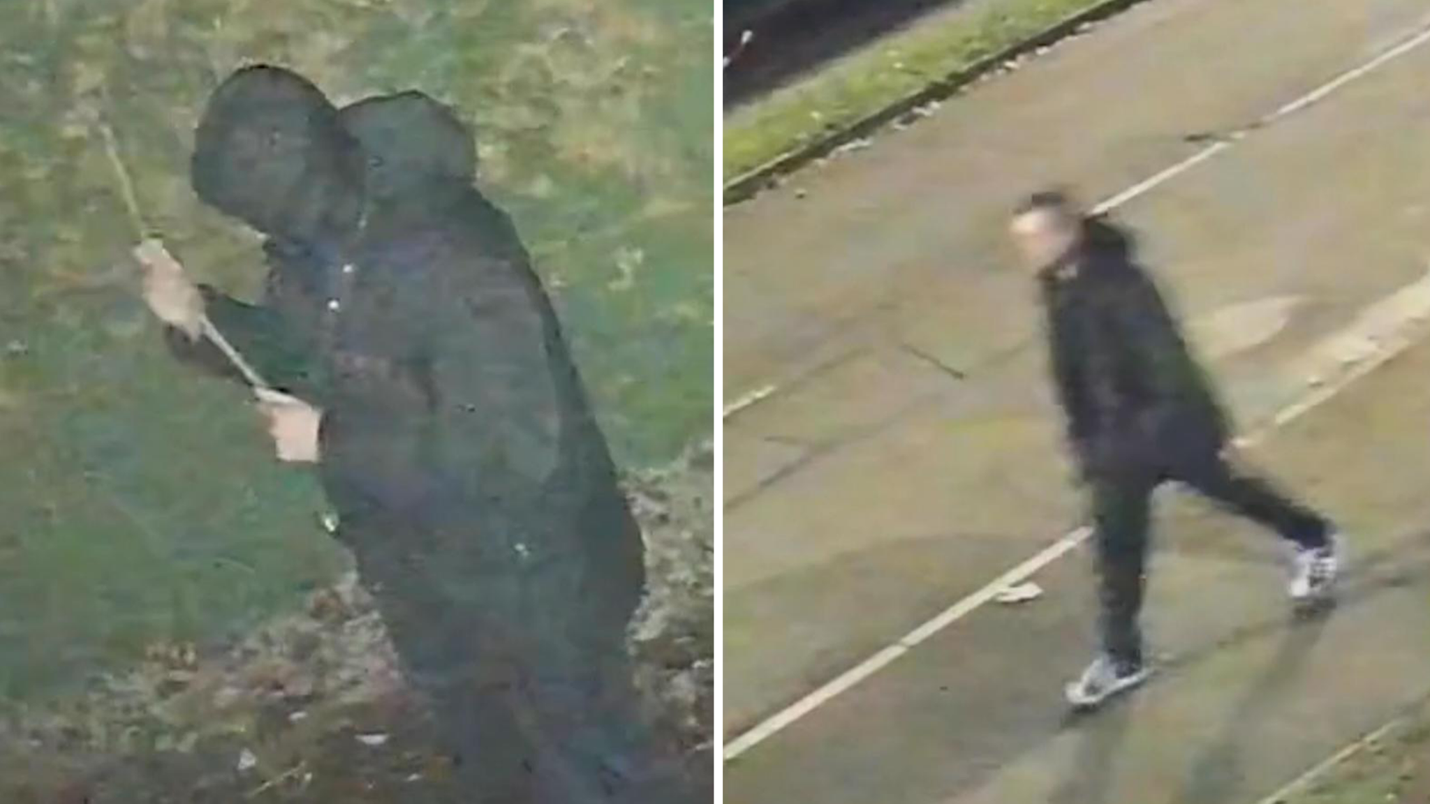 John Ashby caught on CCTV holding a stick (left) and following his victim (right). Pic: West Midlands Police