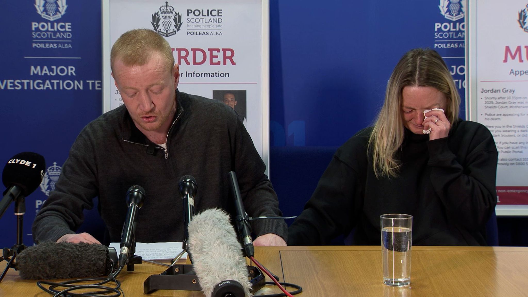 Mr Gray's stepfather, Michael Groome, and mother, Lynn Gray, at a police news conference in January. Pic: Sky News