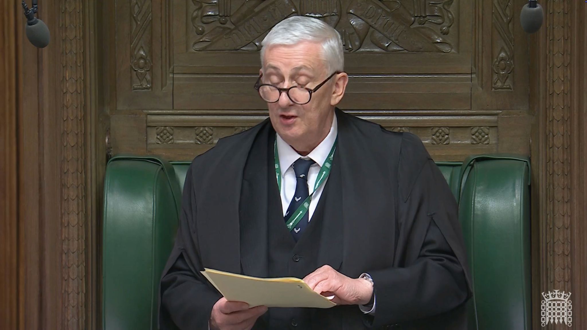 Lindsay Hoyle makes a statement on a 'security matter' to MPs in the House of Commons. Pic: House of Commons/PA