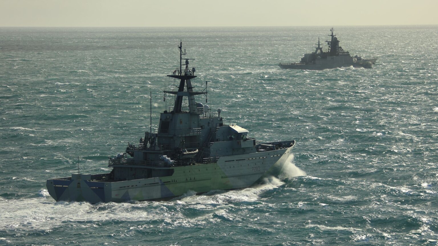 HMS Mersey is pictured monitoring the Russian warship and tanker in the English Channel. Pic: PA/MoD