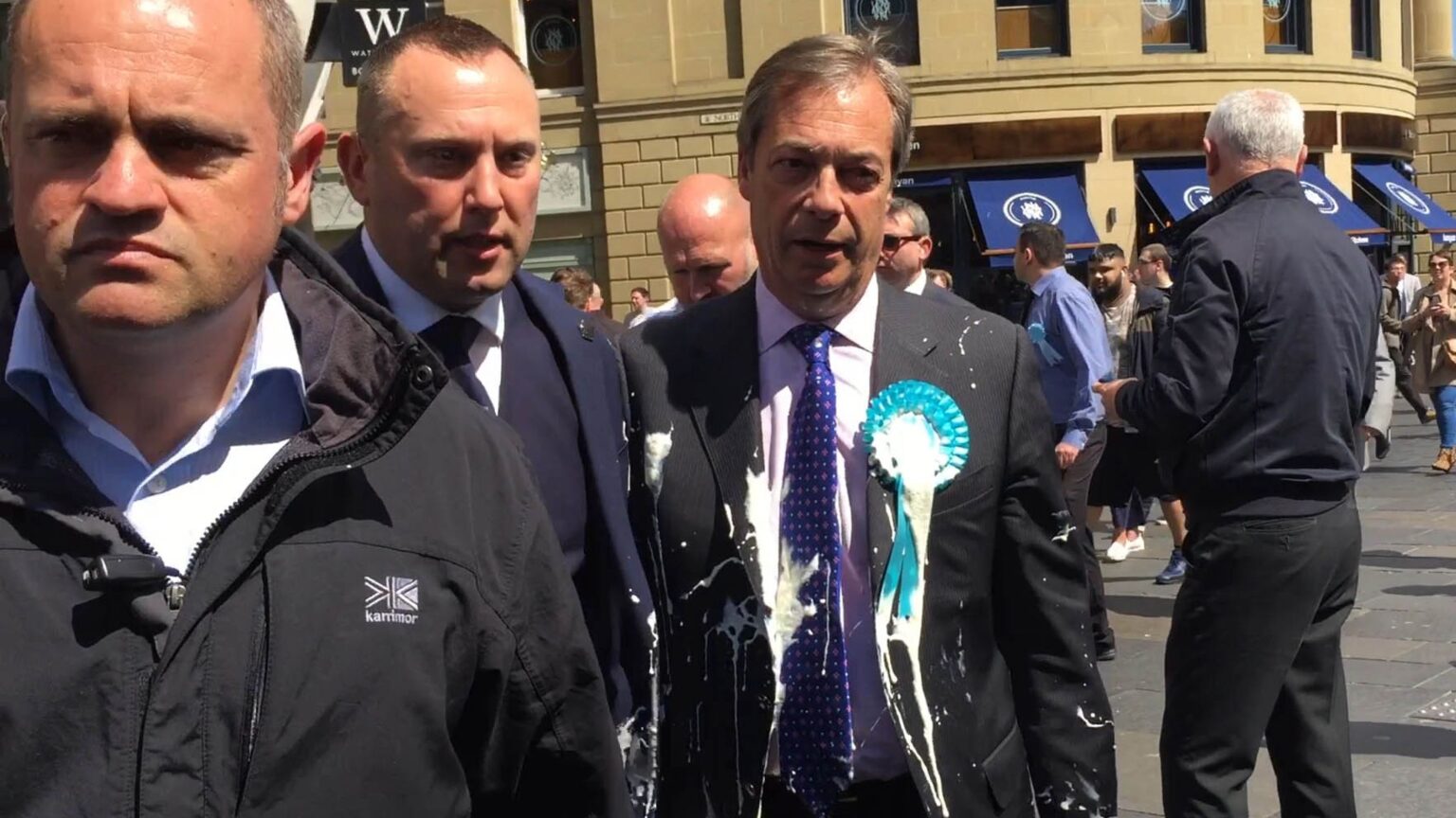 Nigel Farage after he was doused in milkshake during a campaign walkabout in Newcastle in 2019. Pic: PA