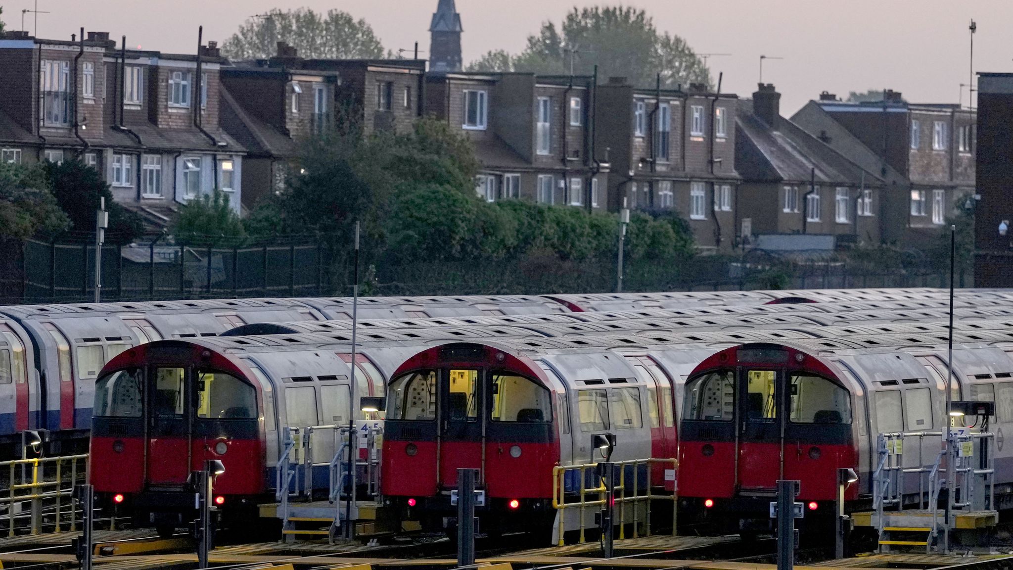 Piccadilly line trains parked in a depot during the strike. Pic: AP