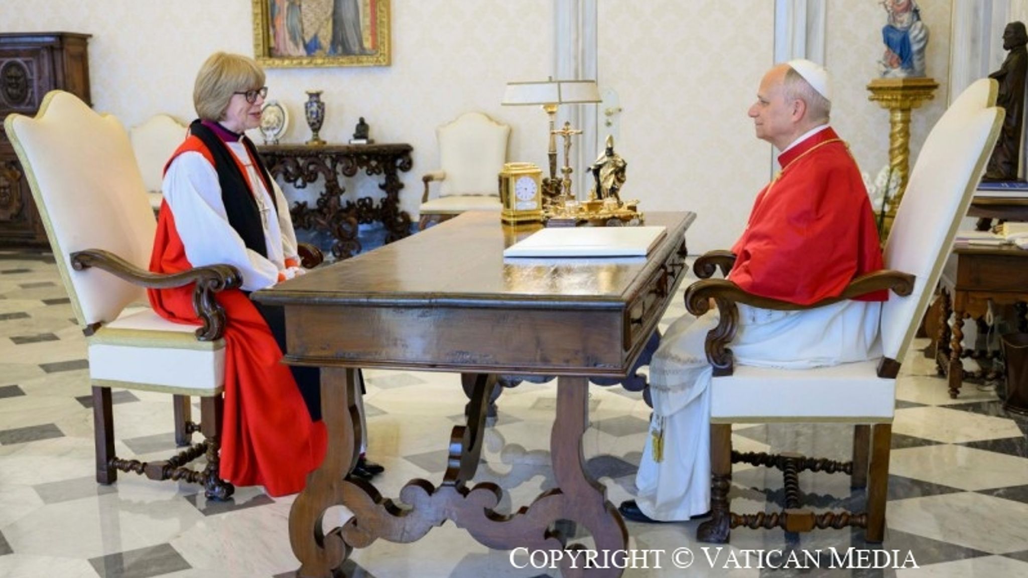 Pope Leo and the Archbishop of Canterbury Dame Sarah Mullally, at the Vatican.
Pic: Vatican Media/PA