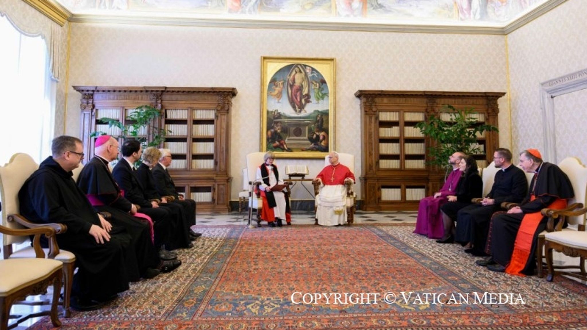 Dame Sarah met the Pope for a private audience, after which each delivered an address and prayed together. Pic: Vatican Media/PA