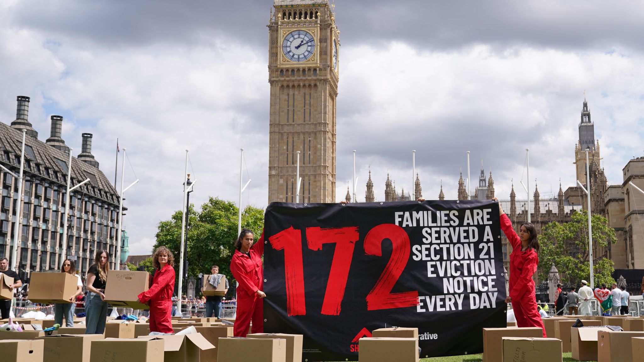 Activists from Shelter stage a protest in Parliament Square over delays to the Renters Reform Act. Pic: PA