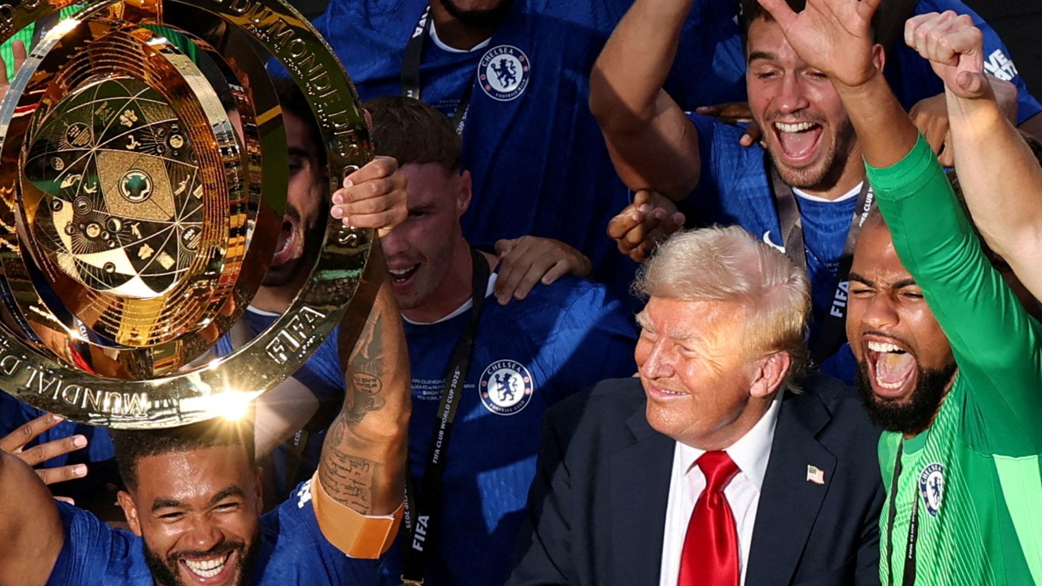 Chelsea players alongside US President Donald Trump after winning the Club World Cup last year. Pic: Reuters