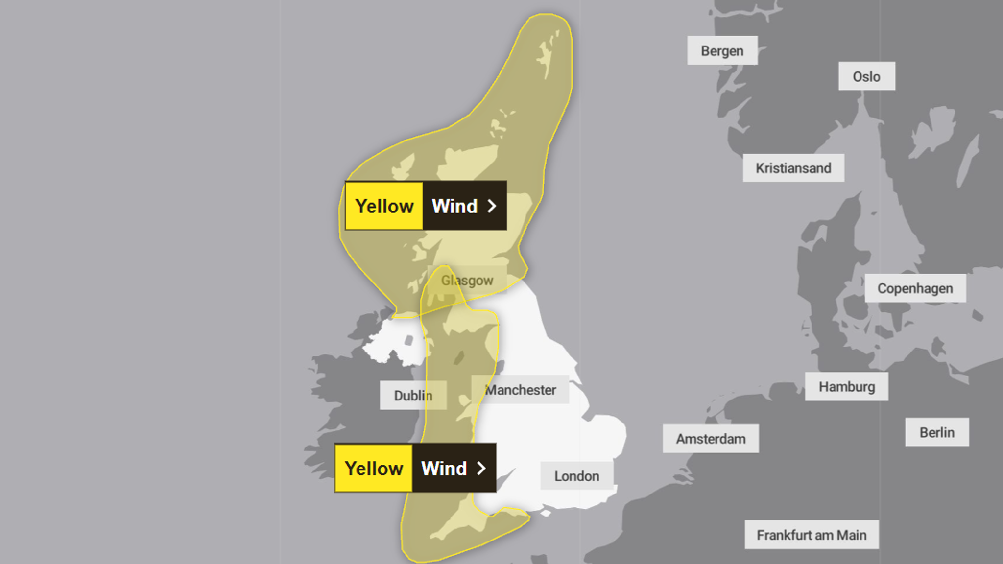 The yellow wind warnings for Monday and Tuesday. Pic: Met Office